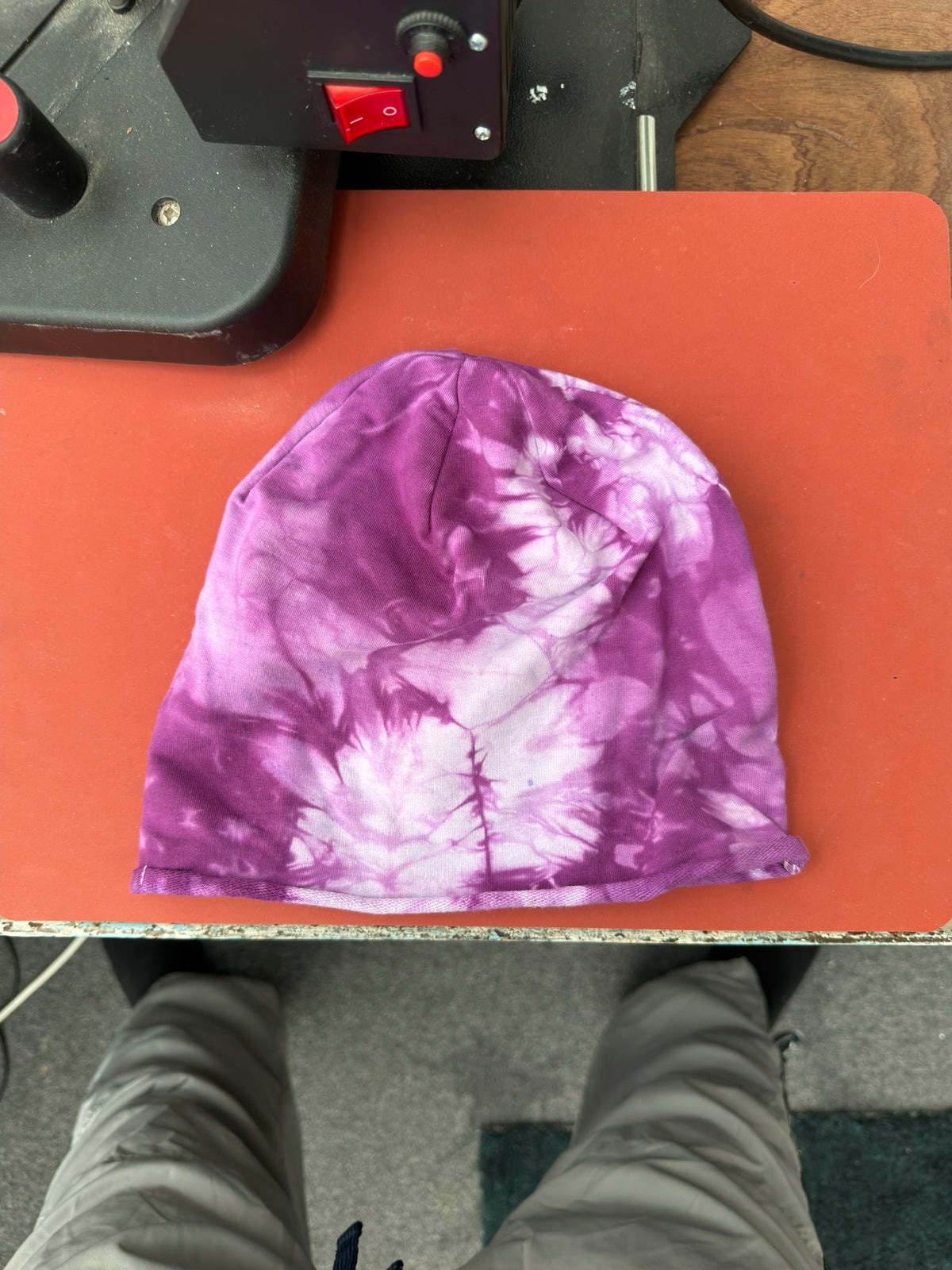 Hand-dyed beanie: purple with branching white/light patches.
