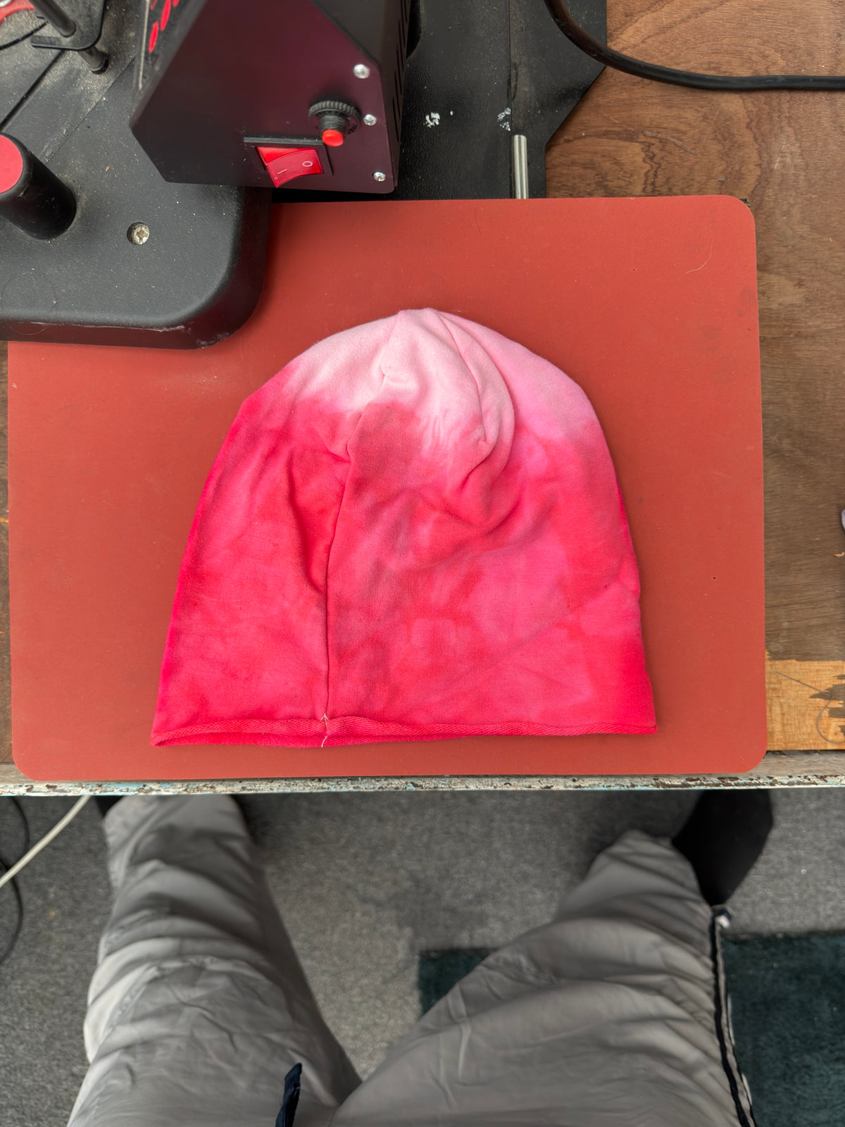 Hand-dyed red/pink beanie with a pale pink crown and red lower half.