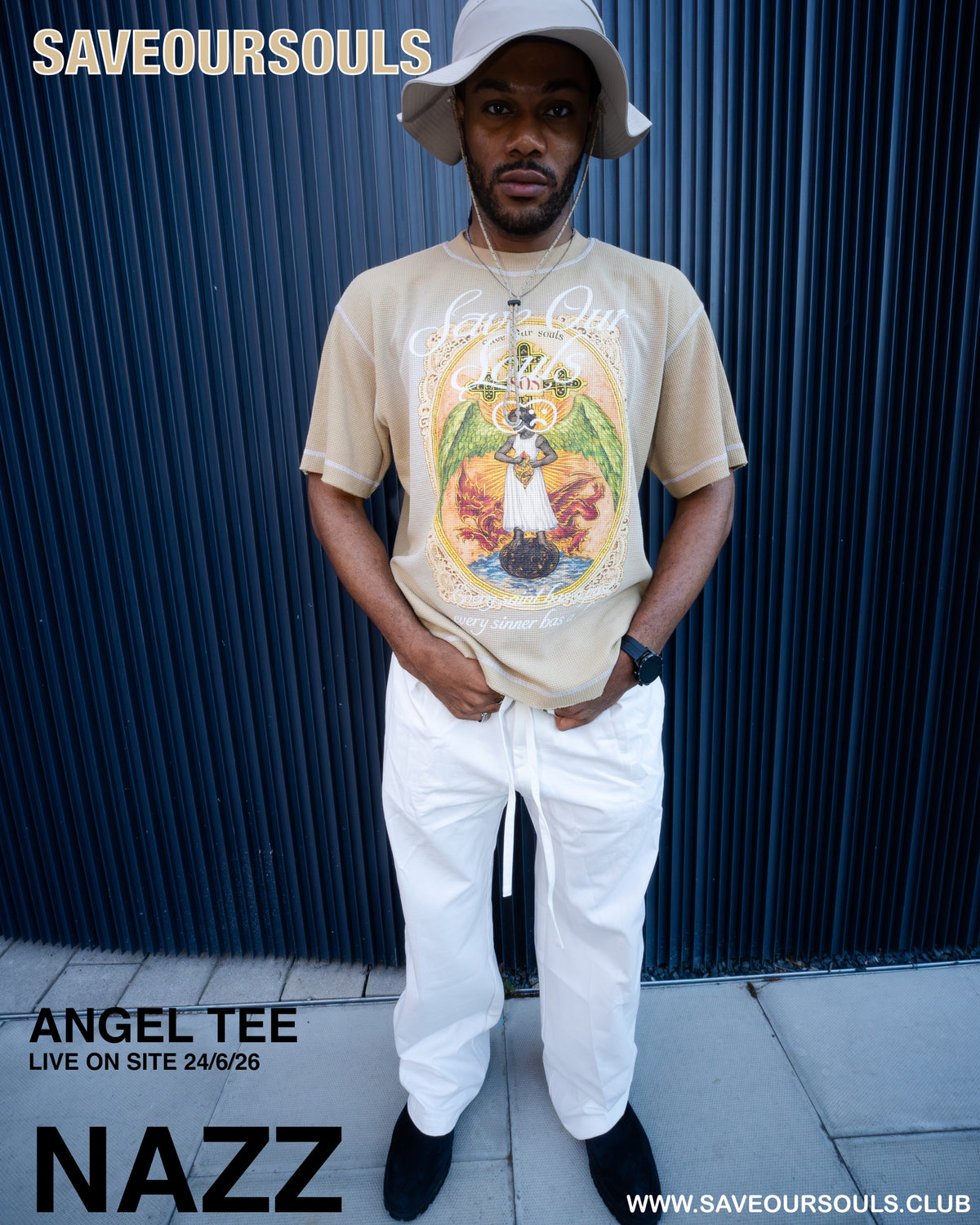 Angel Tee campaign poster showing a model in a beige T-shirt and white trousers.