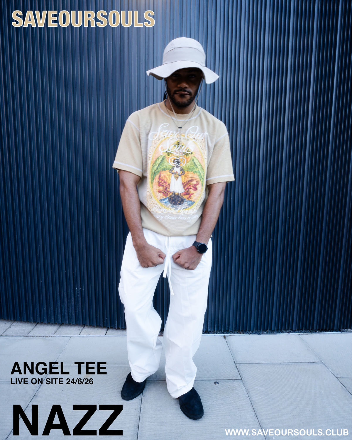 Second Angel Tee campaign poster showing a model in a beige T-shirt and white trousers.